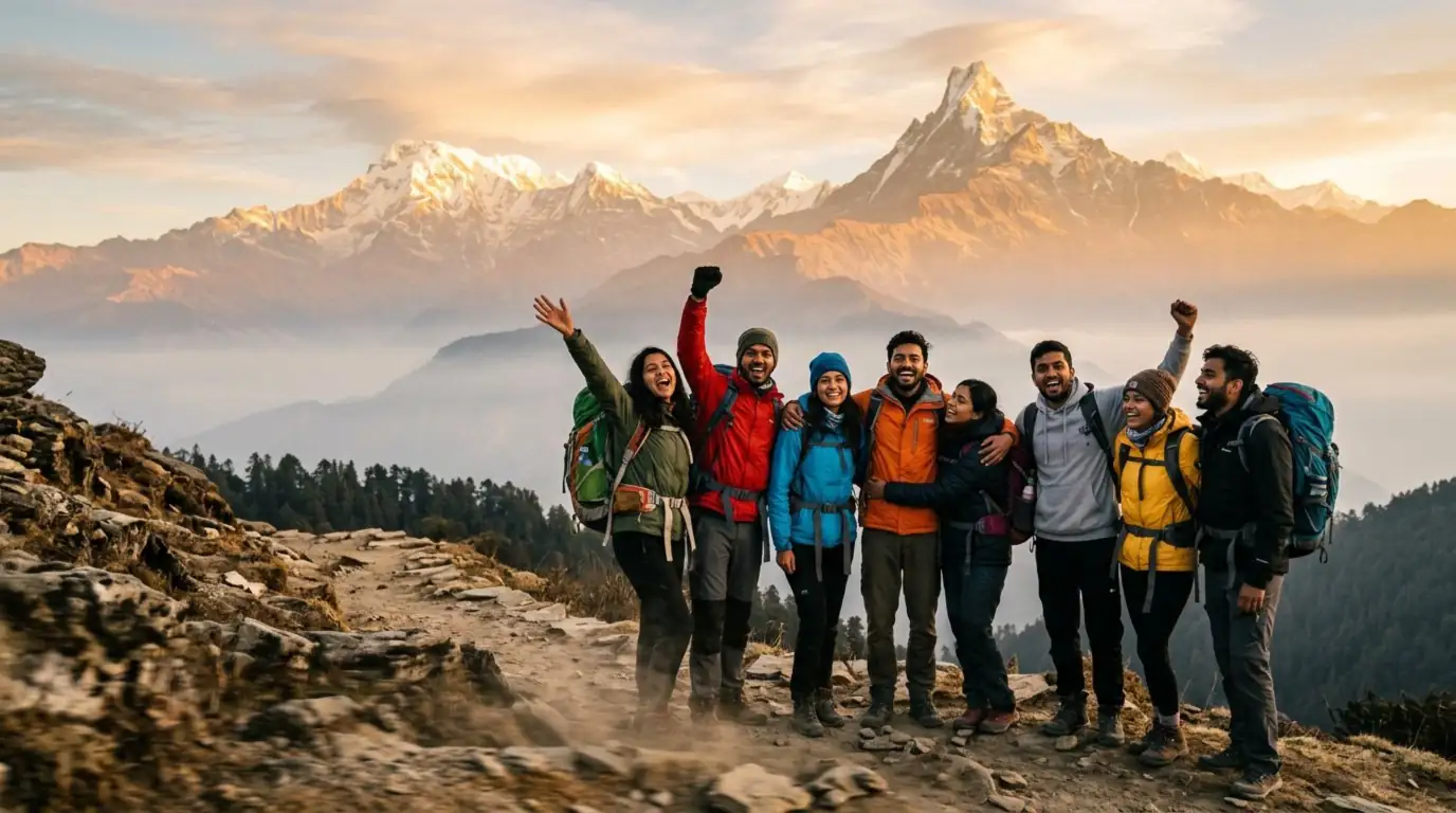 A community of travellers together on a Himalayan ridge at sunrise
